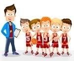 artistic rendering of a basketball coach with a ckp board a nd a group of boys in basketball uniforms.  one is holding a basketball
