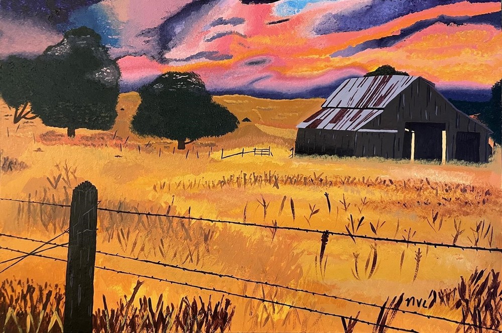 a painting of a grey barn and three trees in a field of gold with pink and purple clouds in the background and a fence in the foreground