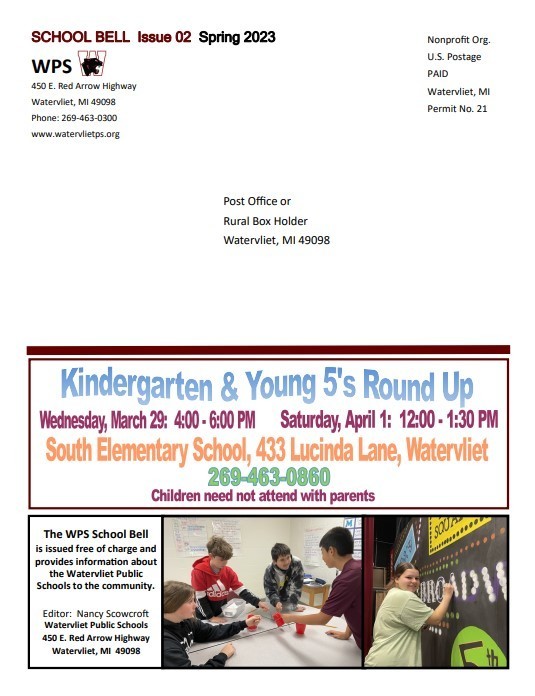 A screen shot of the back cover of the School Bell showing postage information Kindergarten round up dates, photos of some students...