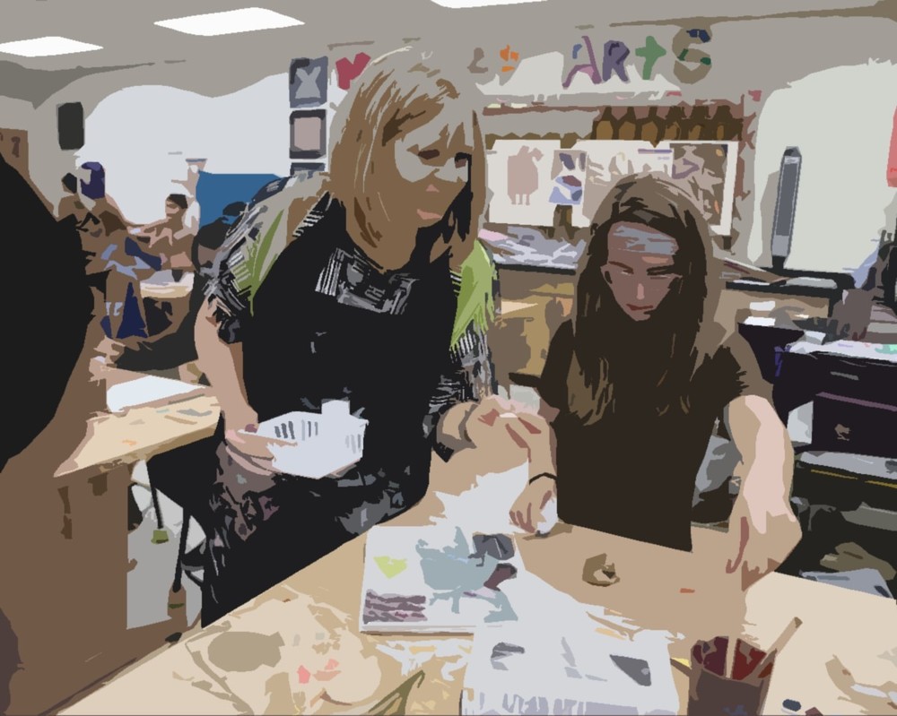 Graphic of an art teacher instructing a female student who is holding a paper and has various papers with drawings or paintings on her table.