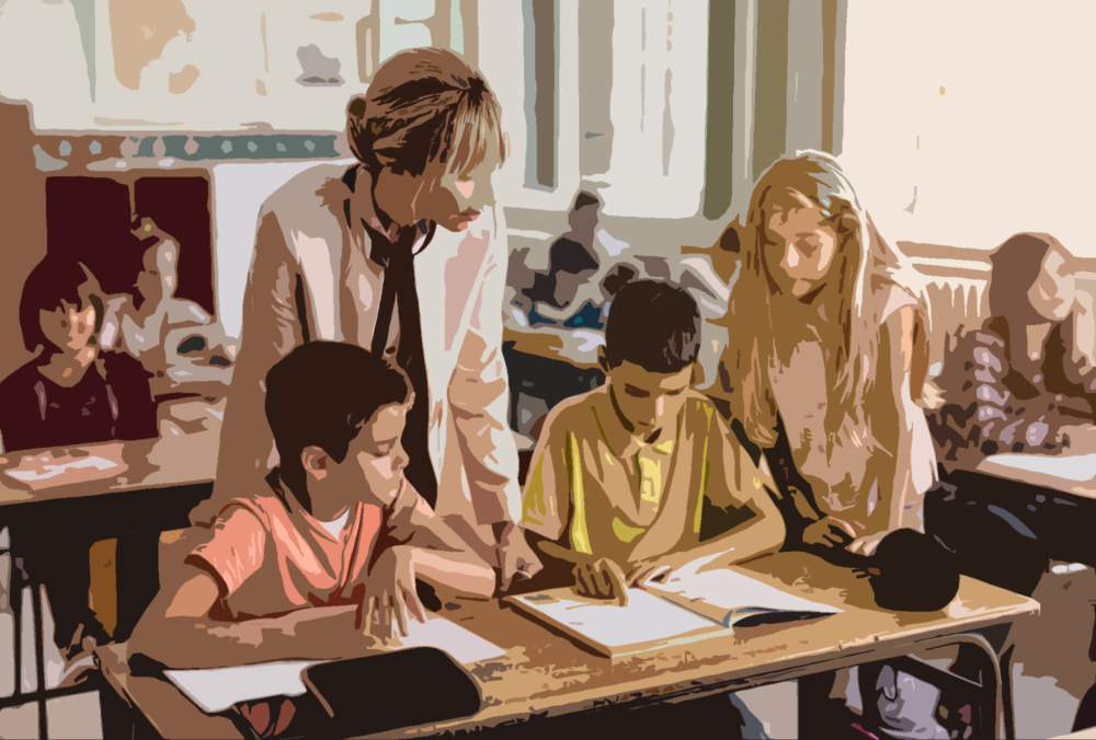 Graphiic of a female teacher standing at a table working with two male and one female student, about 12 years old.