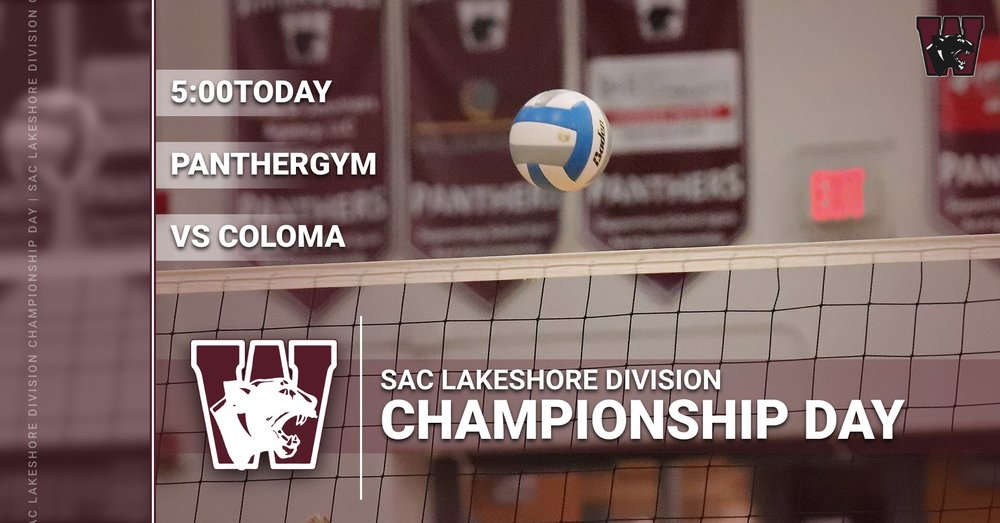 Volleyball going over the net with text regarding the SAC Lakeshore Division Volleyball Championship game to be held today