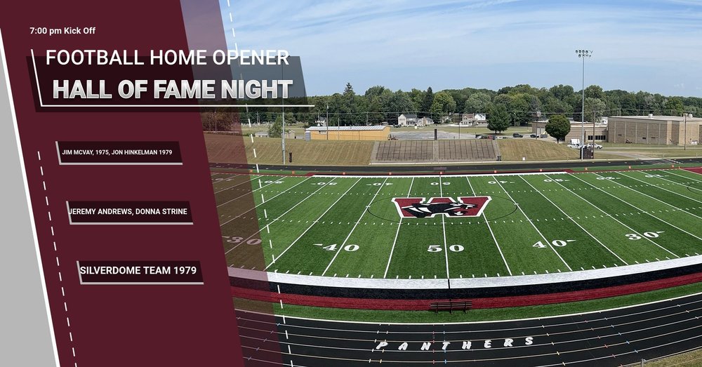 Football Home Opener, Hall of Fame Night graphic with a photograph of the Panther Stadium Football field