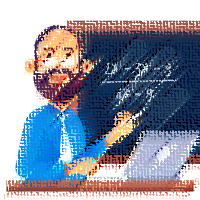 An artistic drawing of a male math teacher with a blue shirt, white tie, beard and mustache writing a math problem on a chalkboard
