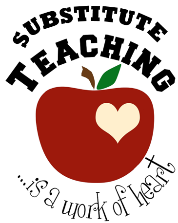 An apple with a heart in it and the words, "Substitute Teaching is a work of the Heart"