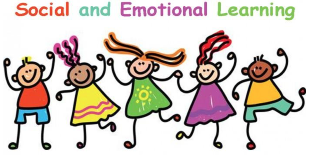 a colorful drawing of children dancing with the words "social and emotional learning" above their heads