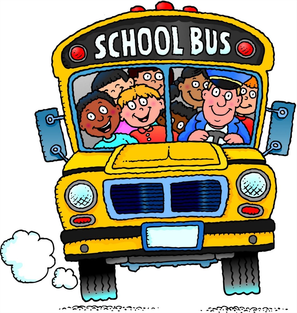 A colorful drawing of the front of a school bus with a driver and a bunch of kids inside