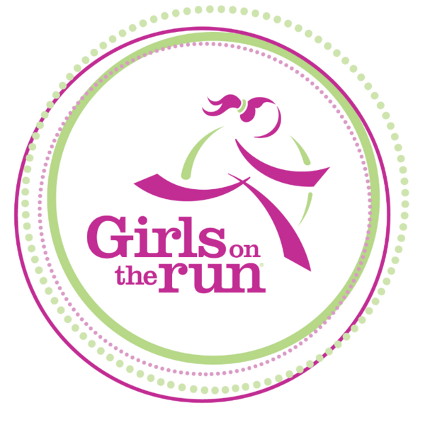 Girls on the Run Log Featuring a stylized drawing of a female runner  and the words "Girls on the Run" inside of several offset circles.  All are in pink and green.
