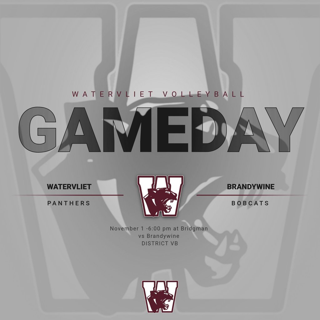 Graphic - Grey background with the WHS Panther logo in grey.  Text:  Watervliet Volleyball Gameday.  Waterlvliet Panthers. Brandywine Bobcats.  November 1 - 6:00 PM at Bridgman vs. Brandywine.  District VB (WHS logo repeated)