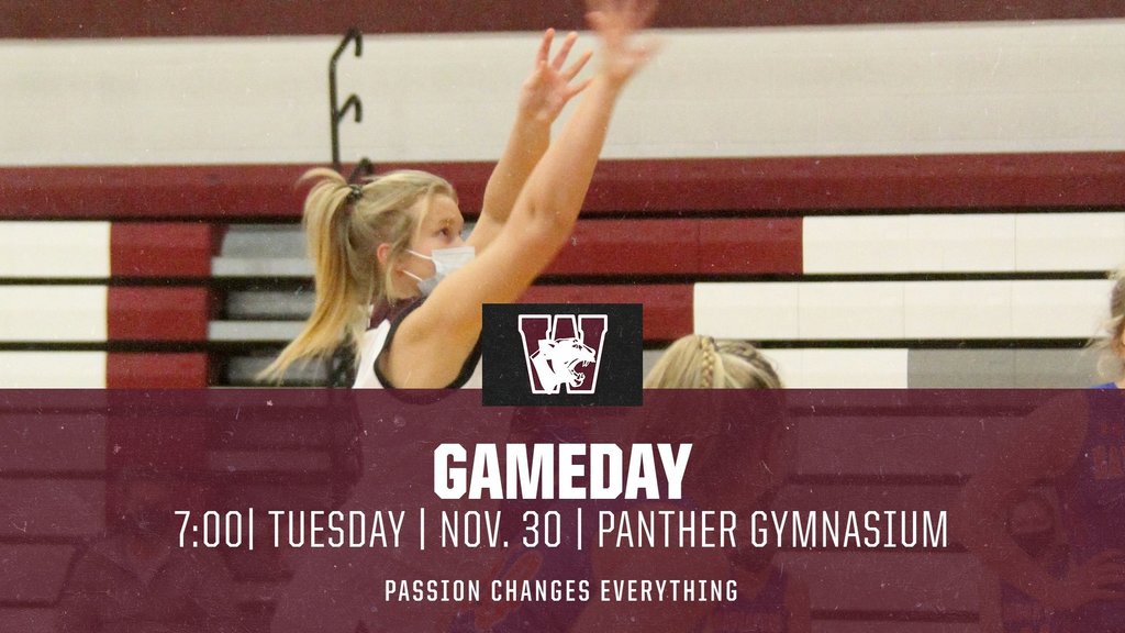a girl wearing a basketball uniform and a medical face mask  appears to be shooting a basket, although a basketball is not visible in the photo.  Text is  included:  Gameday, 7:00 Tuesday November 30, Panther Gymnasium, Passion Changes Everything.  Watervliet Panther Logo is shown above the text.