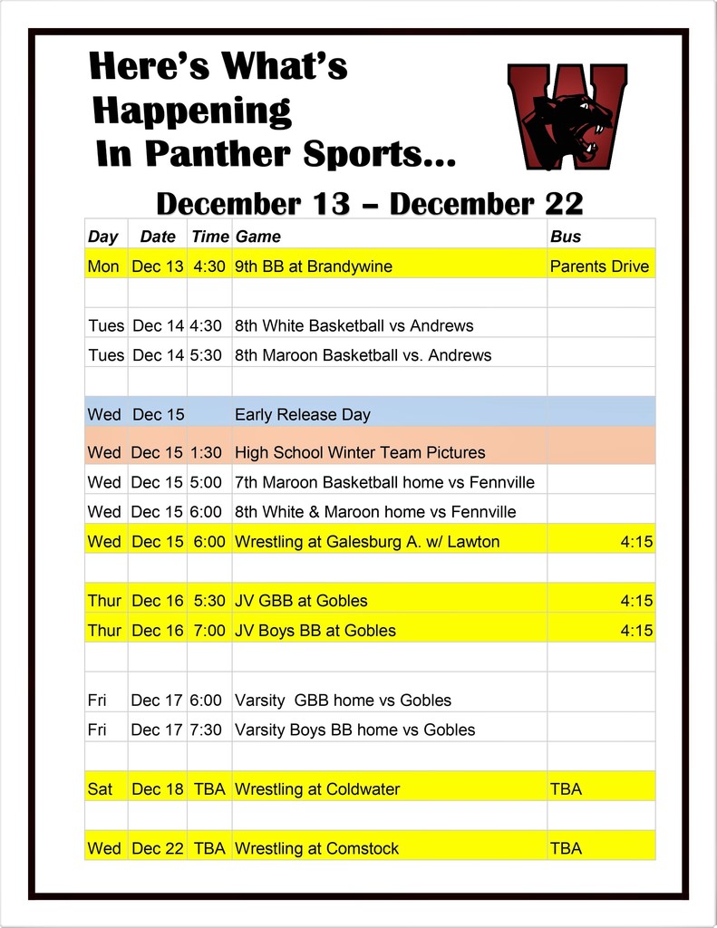 A photo of the Schedule of everything happening in Panther Sports for December 13 - December 22, 2021