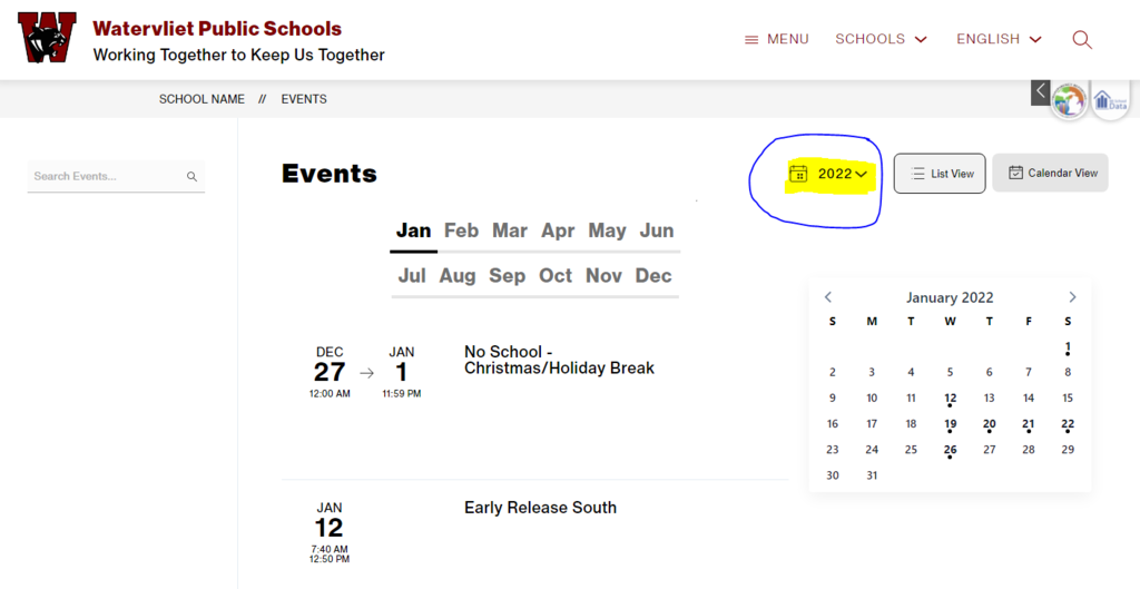 a screen shot of the January 22 events page of the WPS Calendar with the  year dropdown that needs to be  selected circled and highlighted