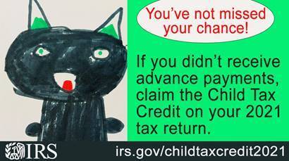 A child's drawing of a black cat and the text:  You've not missed your chance!  If you didn't receive advance payments, claim the Child Tax Credit on your 2021 tax return.  IRS, irs.gov/childtaxcredit2021