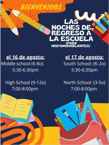 Details of a Back to School Night for Spanish speakers are given in Spanish