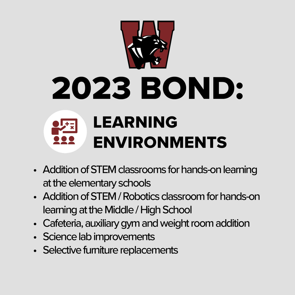 Graphic:  2023 Bond:  Learning Environments :  Addition of STEM classrooms for hands-on-learning at the elementary schools, addition of STEM/Robotics classroom for hands-on learning at the Middle/High School, Cafeteria, auxiliary gym and weightroom addition, Science lab improvements, Selective furniture replacements