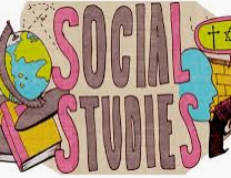 The words "social studies" is displayed along with a  drawing of a world globe, a book, and other graphics